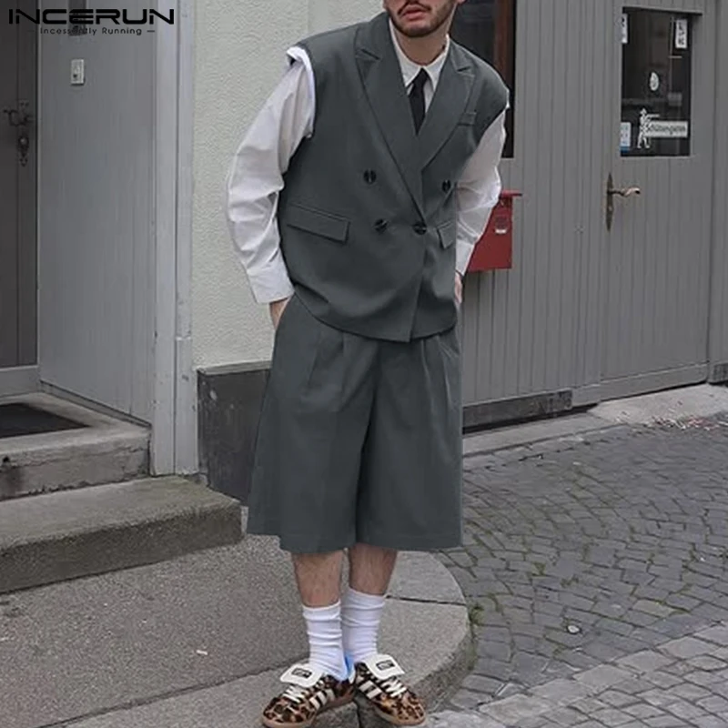 INCERUN 2025 Amerikanischen Stil Sets Stilvolle männer Ärmellose Westen Shorts Casual City Walk Männlichen Zweireiher Anzug 2 Stück S-5XL