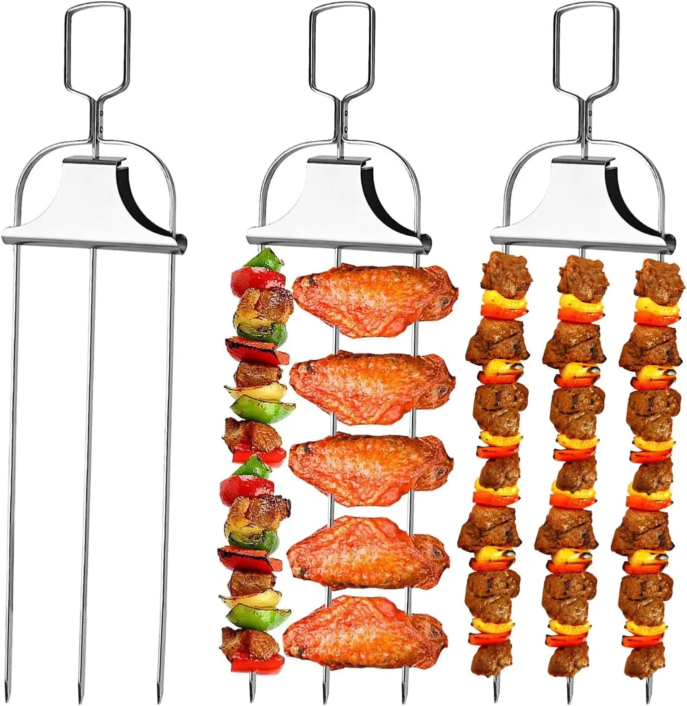 3 Stück Spießstäbe, Kabob-Sticks zum Grillen, 35,6 cm, 3-Wege-Grillspieße, Metall-Grillspieße mit Schubstangenschiebern, Grillzubehör Image