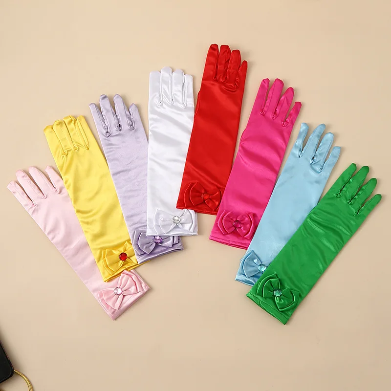 Kinder Lange Handschuhe Prinzessin Dance Performance Bühne Handschuhe Satin Pailletten Bogen Handschuh Solide Volle Finger Fäustlinge Geburtstag Geschenke Image