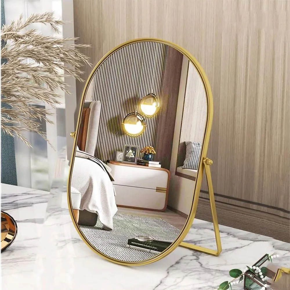Kosmetikspiegel mit 90er ° Verstellbare Drehung, ovaler stehender Tischspiegel mit goldenem Metallrahmen für Schlafzimmer und Badezimmer