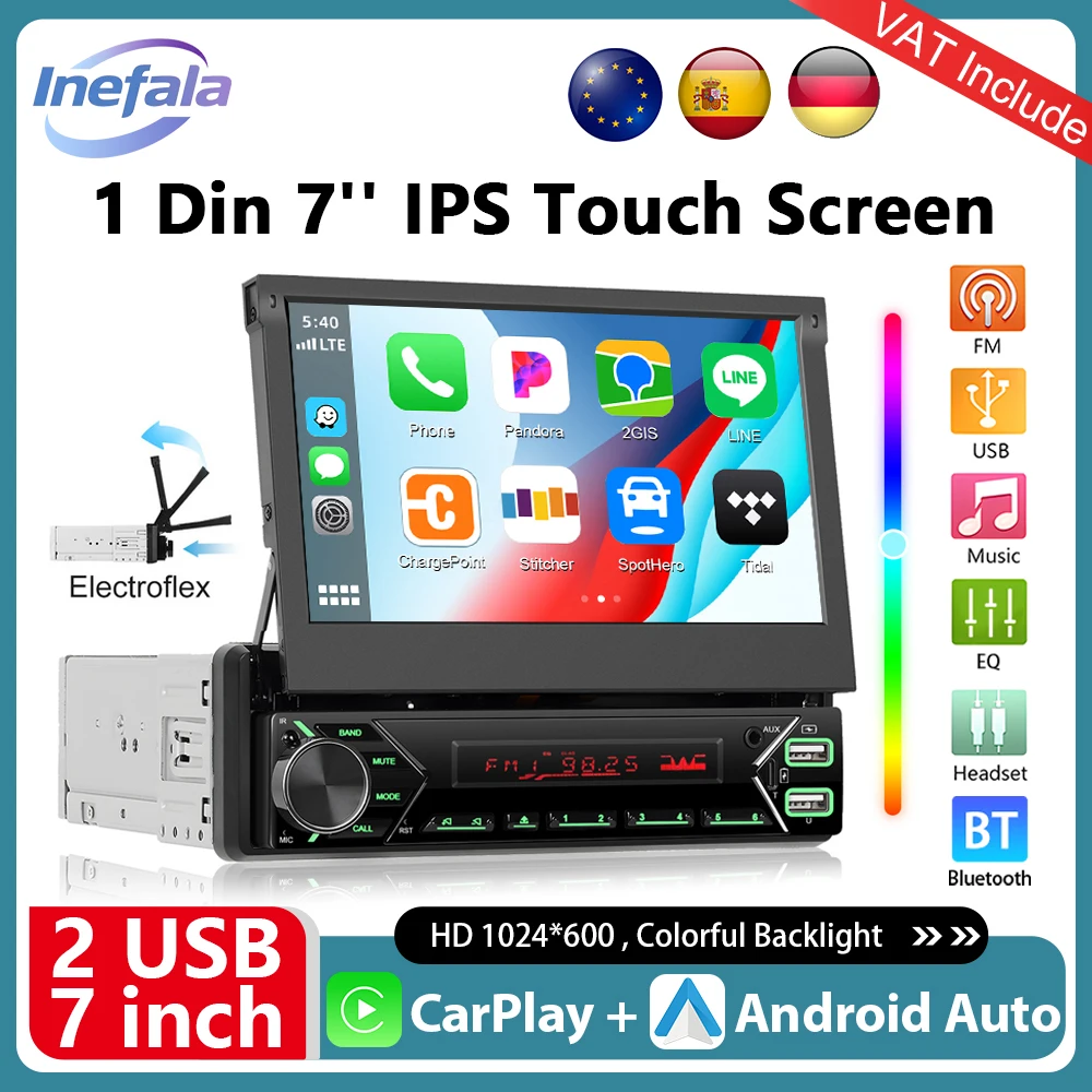 Podofo 7 Zoll 1 DIN Autoradio Carplay Android Auto Multimedia Player HD Touchscreen FM BT MirrorLink Universal Car Audio Image