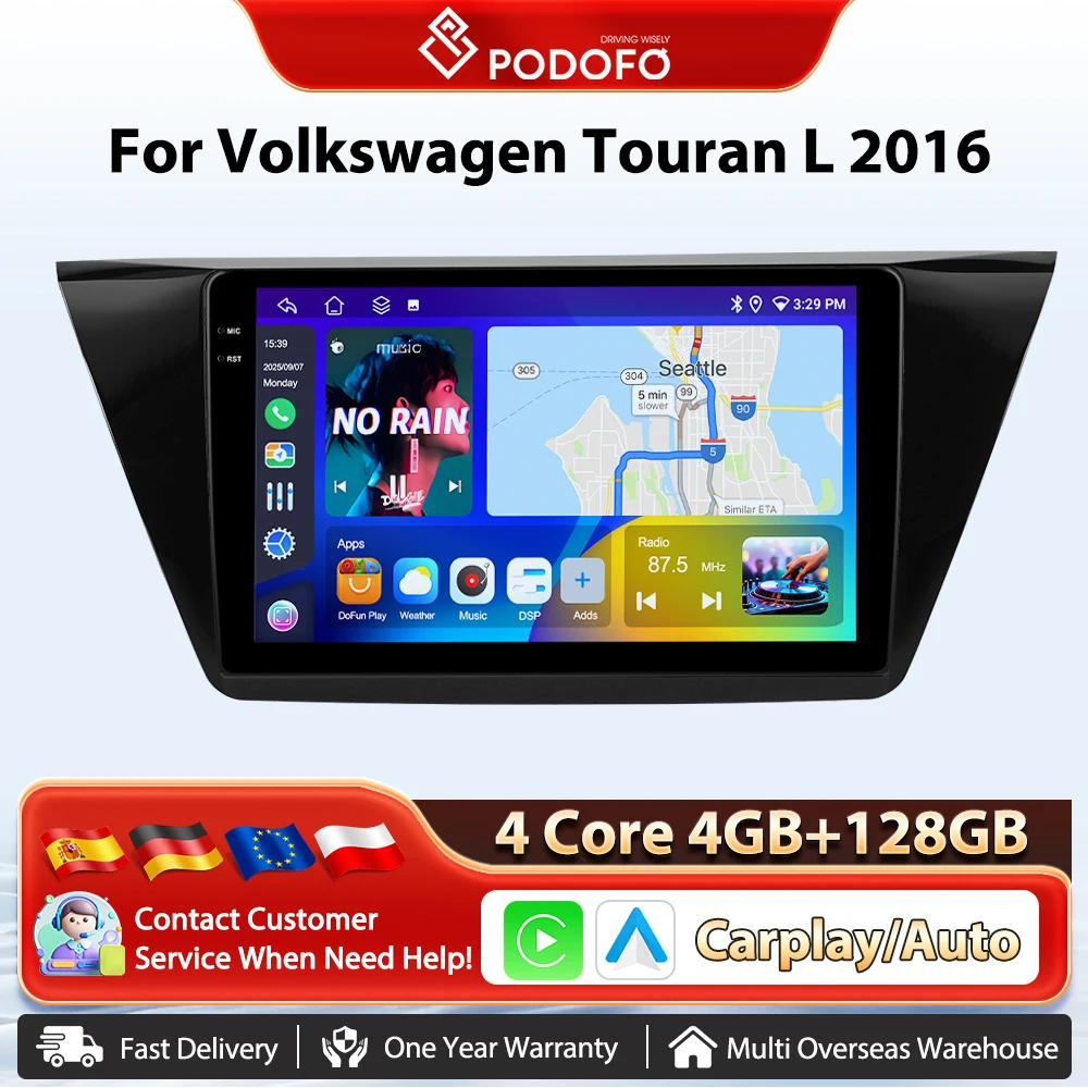 Podofo 8 Core Auto Autoradio Für Volkswagen Touran L 2016 Drahtlose CarPlay Android Auto Multimedia Stereo WIFI GPS 2din radio FM Image
