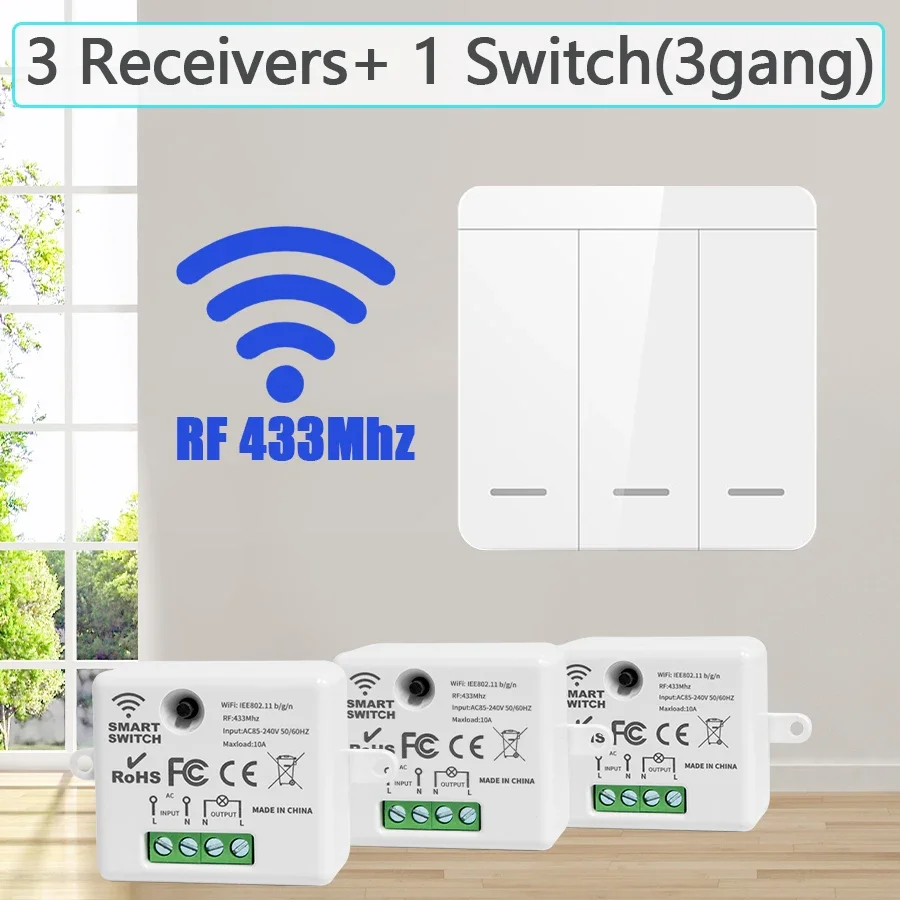 Kabelloser Lichtschalter Relais-Empfänger RF 433Mhz 1/2/3-Fach Schalttafel Fernbedienung Interruptor für LED-Lampe 10A 110V 220V Image