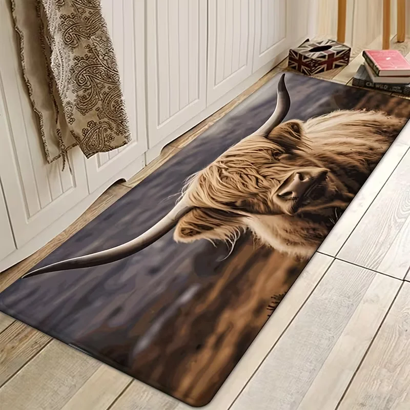 Fußmatte mit Highland-Kuh-Muster, rutschfest, wasserdicht, waschbar, für Küche, Wohnzimmer, Waschküche, Eingangsbereich, Heimdekoration Image
