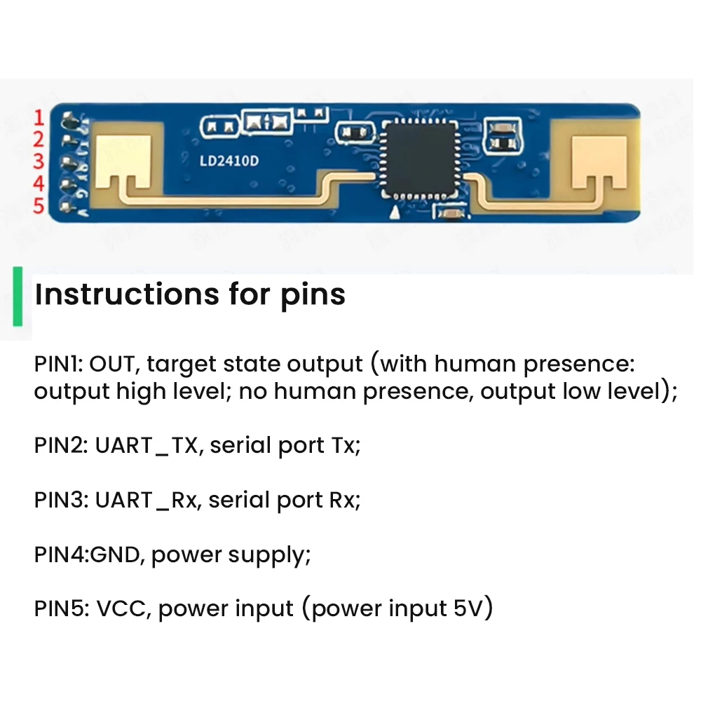 24 GHz LD2410D Millimeterwellen-Radararmodul für Smart Home UART-Schnittstelle 5-polige Sensormodule zur Erkennung menschlicher Anwesenheit FFCW-Radar Image