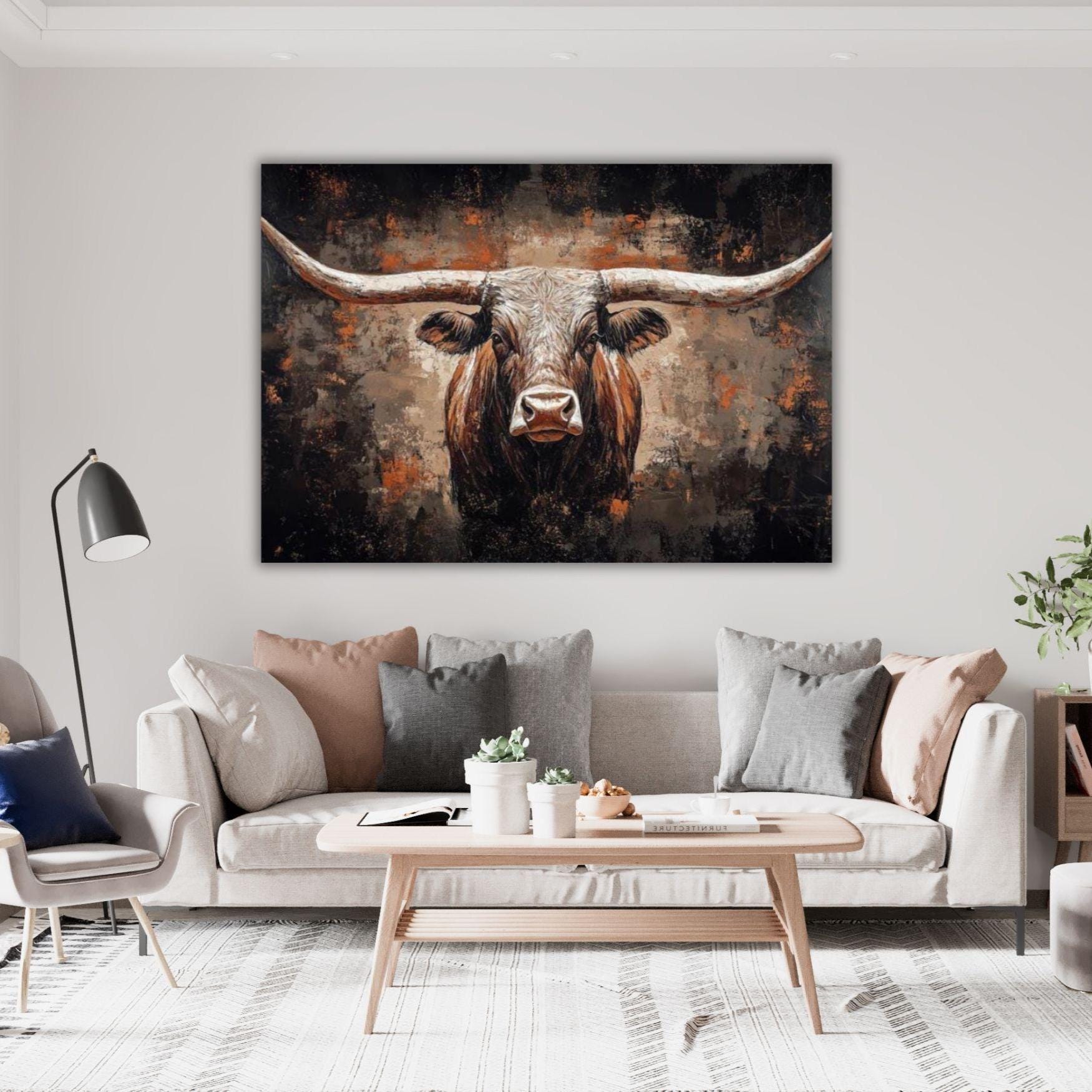 Tela West Cattle Longhorn Bull Tela pronta da appendere Stampa artistica Decorazione da fattoria Decorazione da parete rustica Animali Dipinto Mucca s