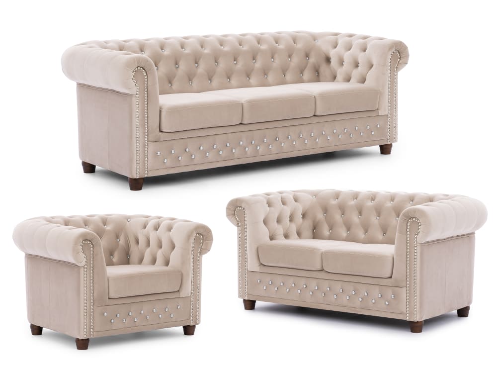 Ensemble de canapé Chesterfield 3+2+1 en velours beige