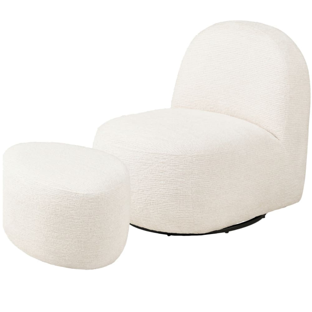 Fauteuil lounge pivotant et pouf assorti en tissu écru