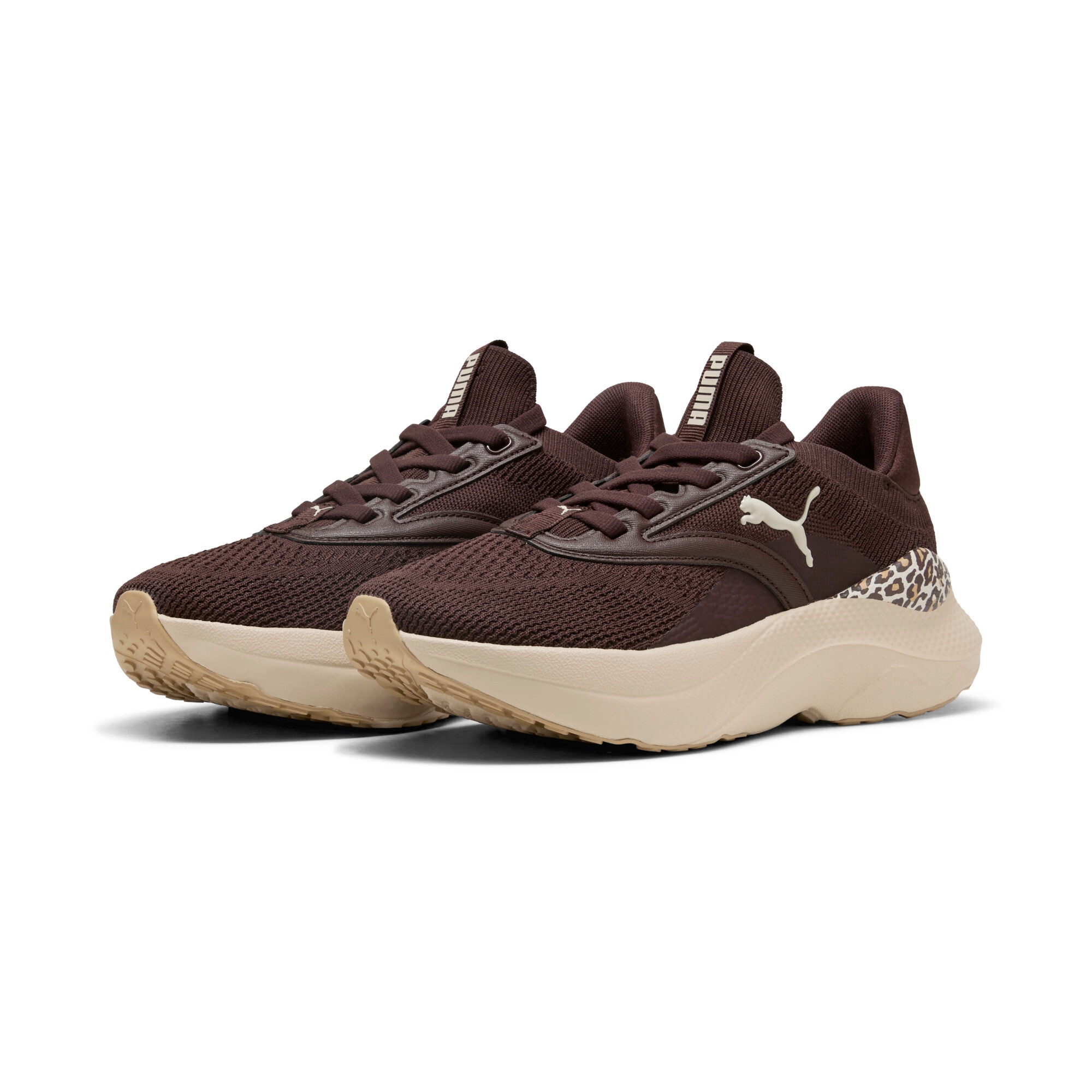 Fitnessschuh PUMA "SOFTRIDE MAYVE ANIMAL WNS", Damen, Gr. 40, chocolate braun, alpine snow, sand dune, Textil, Schuhe Fitnessschuh