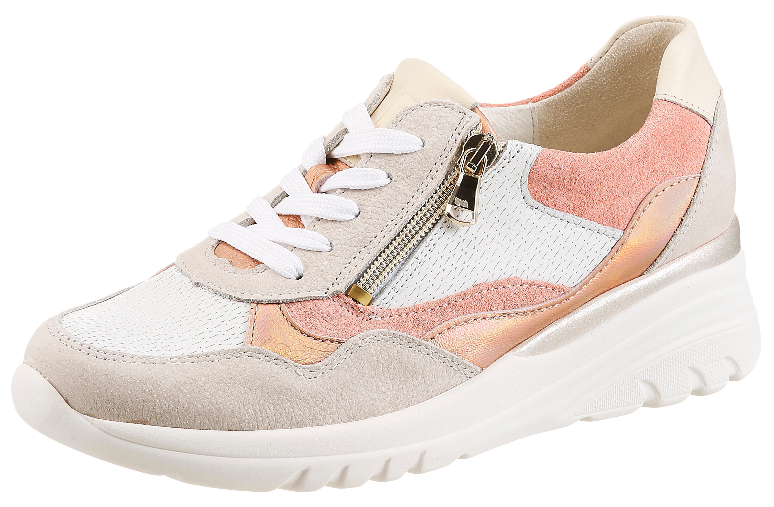 Keilsneaker WALDLÄUFER "H-CARLA", Damen, Gr. 6 (39), hellbeige, melone, weiß, Nappaleder, Nubukleder, Veloursleder, mehrfarbig, Schuhe, Schnürschuh, Halbschuh, Freizeitschuh mit Reißverschluss Image