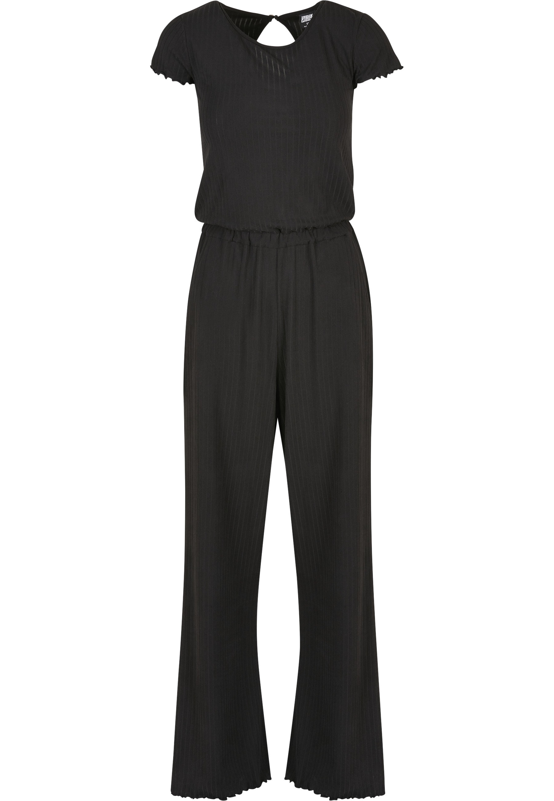 Jumpsuit URBAN CLASSICS "Urban Classics Damen Ladies Rib Wid Leg Jumpsuit", Damen, Gr. L, US-Größen, schwarz, 95% Polyester, 5% Elasthan, unifarben, loose fit, Rundhals, Overalls Jumpsuit Image