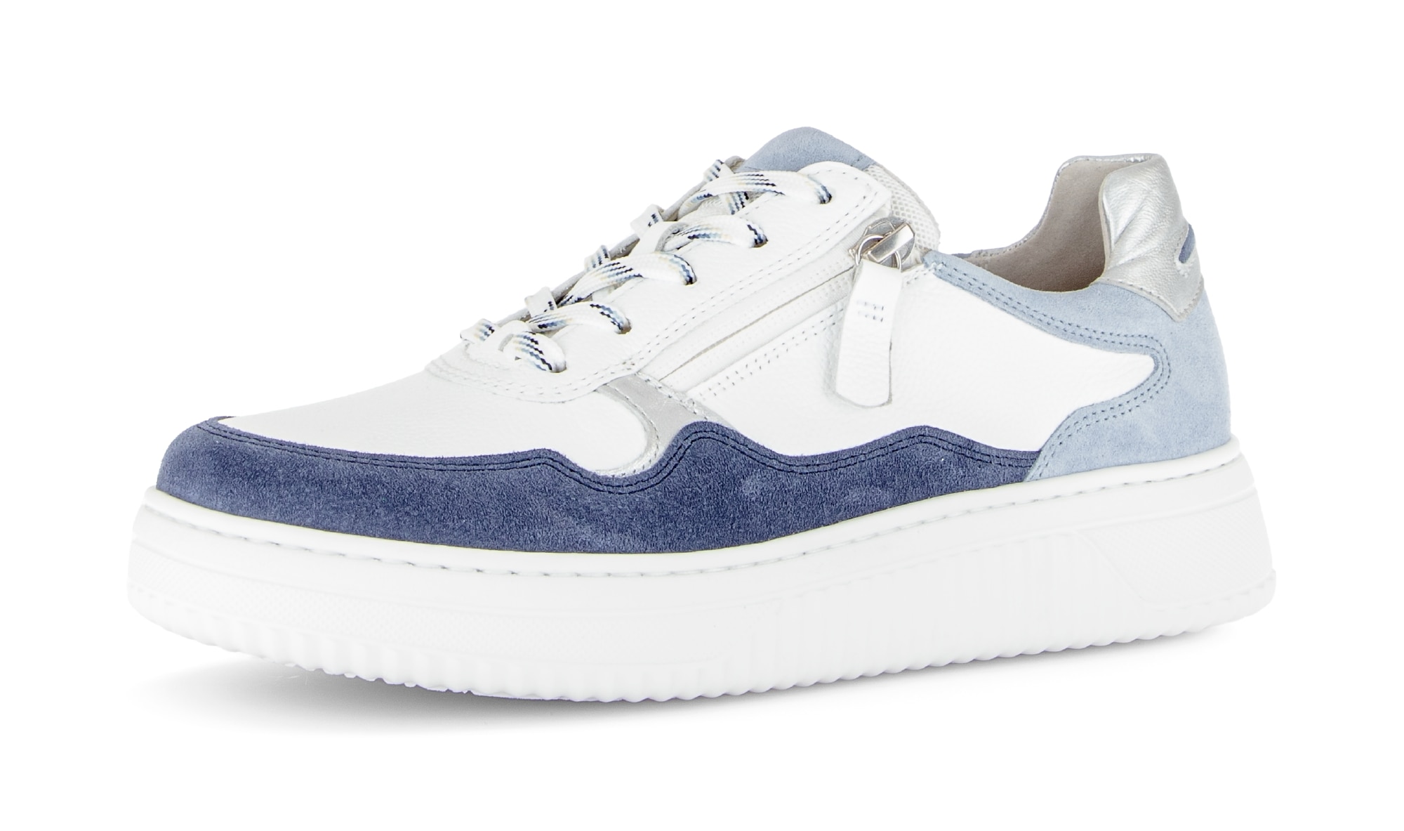 Plateausneaker GABOR "COMO", Damen, Gr. 38, weiß, blau, silber, Glattleder, Veloursleder, Schuhe Plateausneaker, Freizeitschuh, Halbschuh, Schnürschuh in Komfortweite K (=extraweit)