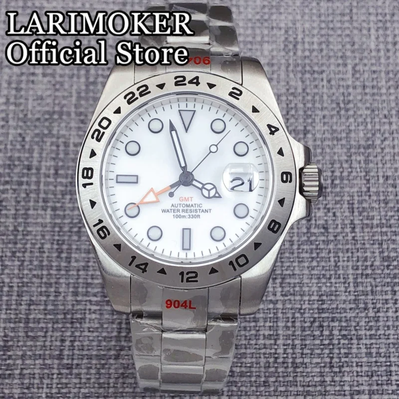 LARIMOKER 40 mm 43 mm Herren GMT mechanische Armbanduhr 24 Stunden feste Lünette Saphirglas wasserdicht weißes Zifferblatt orange GMT leuchtend