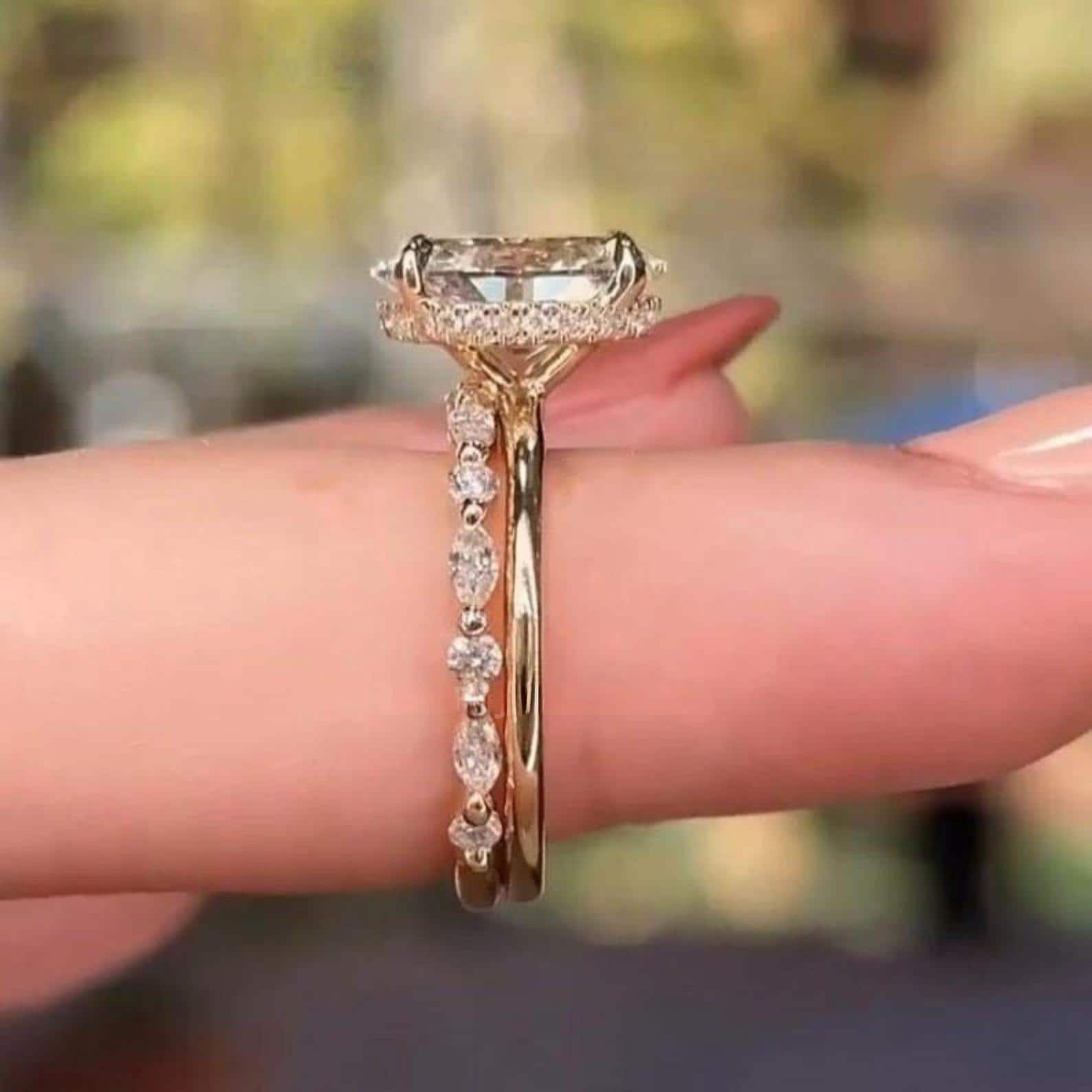 Set di anelli con moissanite taglio ovale da 4 carati e diamanti, set di anelli di fidanzamento ovali, set di anelli nuziali in oro 14 carati per donn