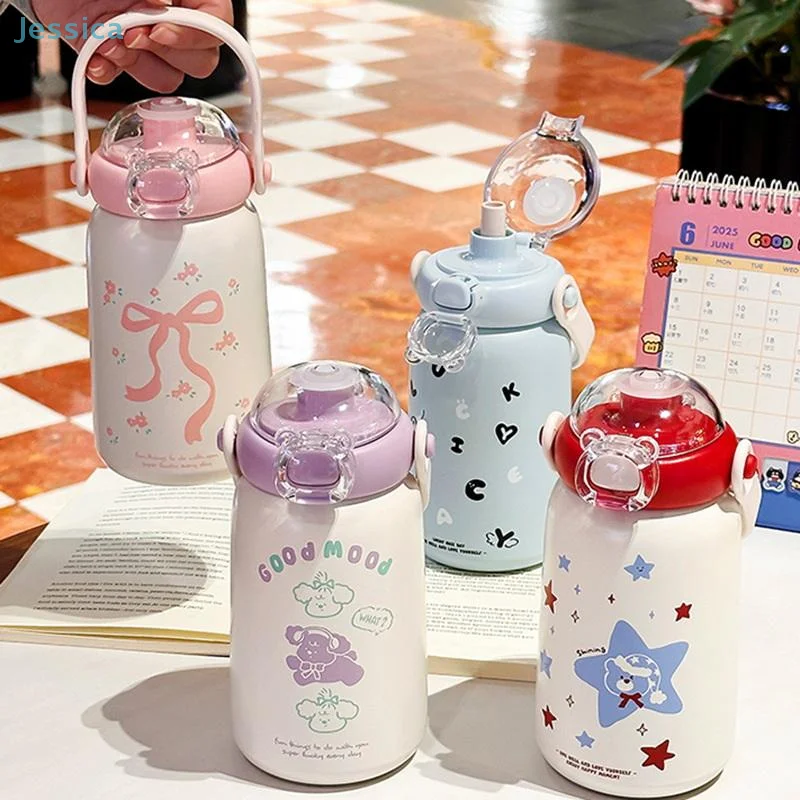 Isolierter Becher aus Edelstahl, 490 ml, Kinder-Strohhalmbecher, tragbar, große Kapazität, niedliche Wasserflasche Image