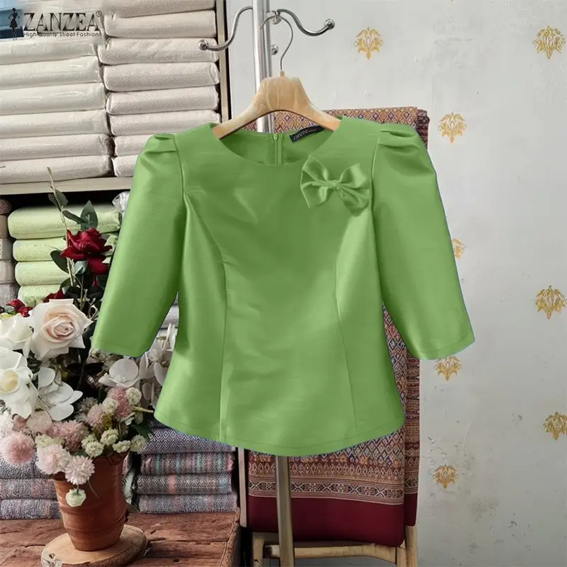 ZANZEA Women's Elegant Satin Blouses Classy Princess Seams Half Sleeve Back Zipped Slim-Fit Short Tops Summer Woman Clothes 3XL