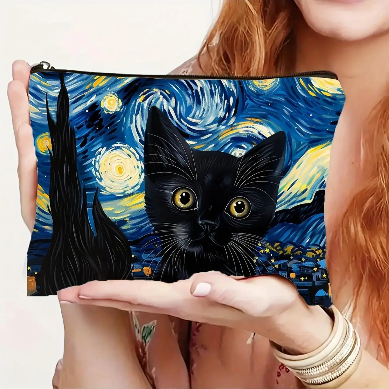 Starry Night Black Cat Make-up-Tasche mit großem Fassungsvermögen – vielseitiger Kosmetik- und Schreibwaren-Organizer für Reisen und den täglichen Gebrauch, Image