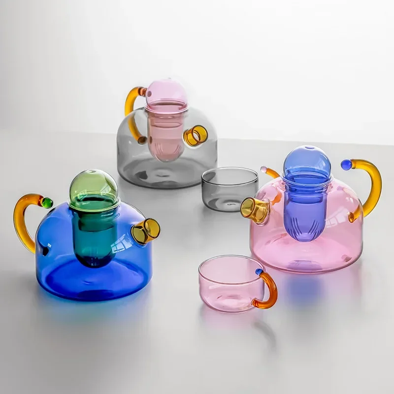 Creative Heat Resistant Glass Teapots Color Contrast Tea Water Separation Household Teaware Tea Sets Cooking Teapot Water Cup