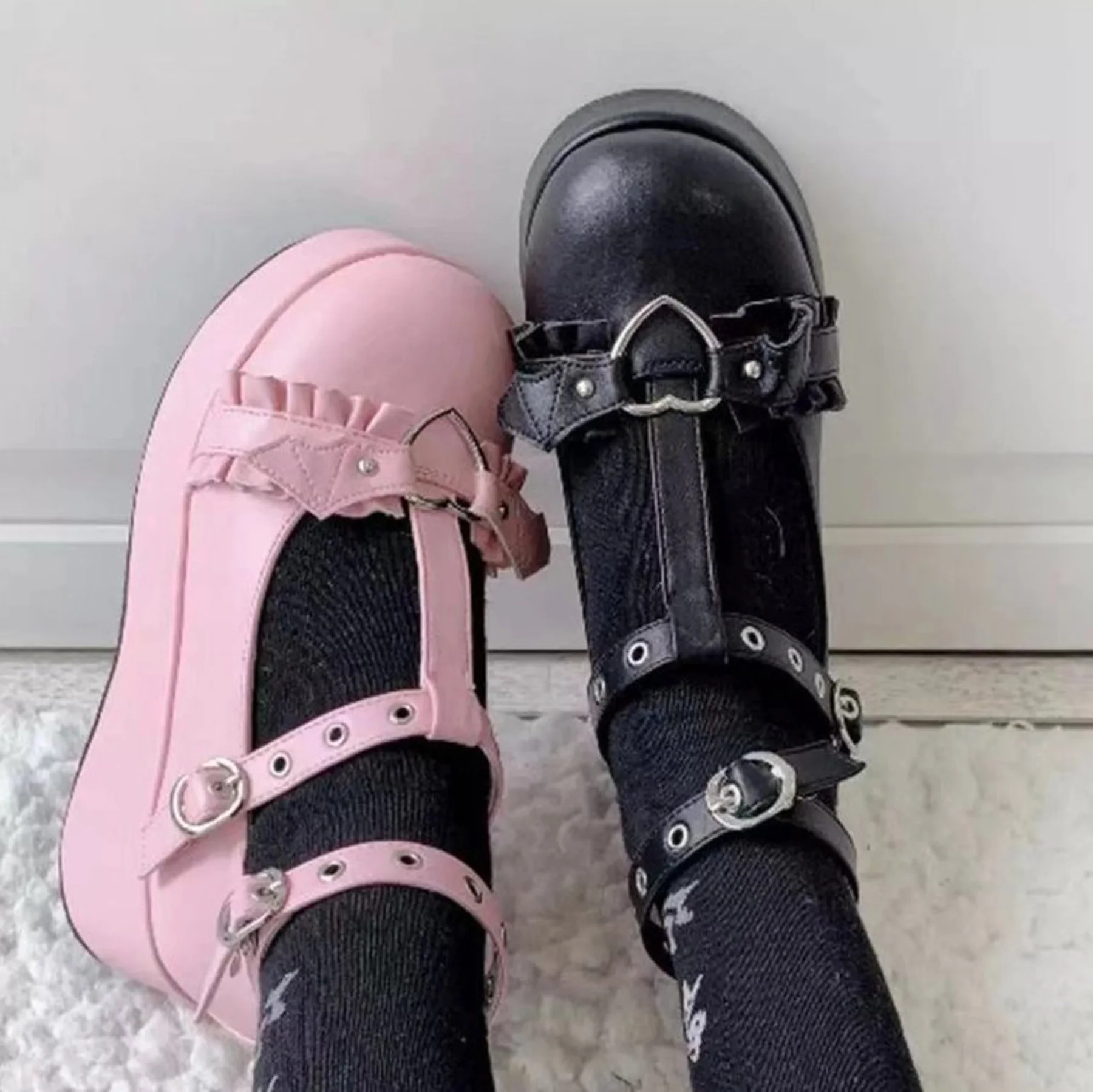 Jirai Kei Lolita Schuhe Sweet Heart Buckle Mary Janes Damen Rosa T-Riemen Chunky Plattform Gothic Punk Cosplay Größe 35-43