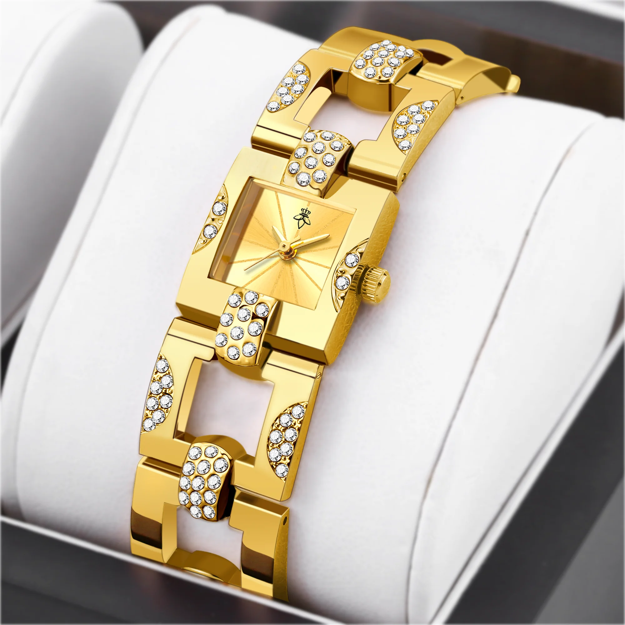YaLaLuSi Marke Damen Elegante Quarzuhr Luxus Strass Verziert Gold Uhr Exquisite Quadratische Hohl Damen Geschenk Image