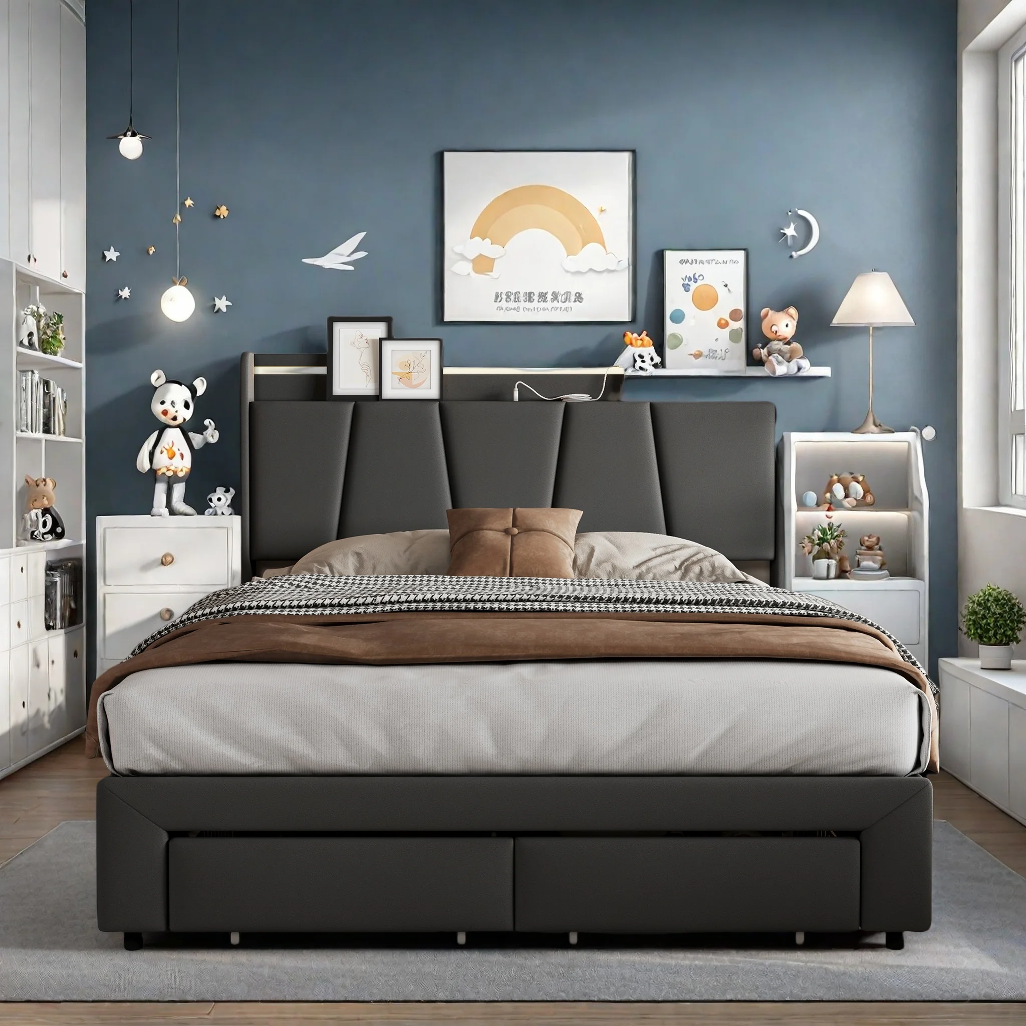 WoodenAura Bett 140 x 200 cm gepolstertes Jugendbett mit 2 Schubladen, Doppelbett, Bett mit stauraum 140x200, Bettrahmen, Leinen Image