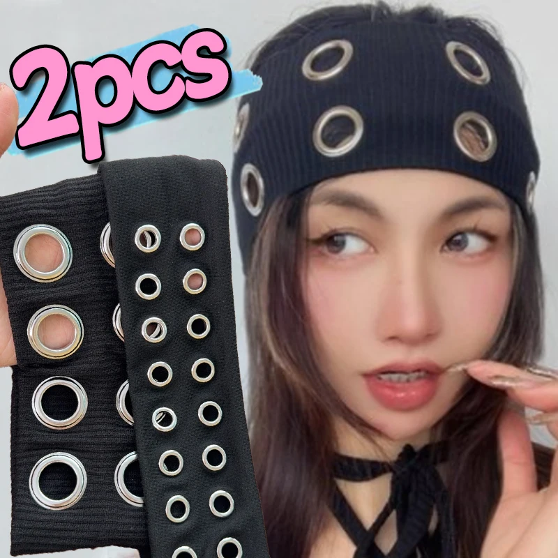 Metallring, elastisches Stirnband, ausgehöhlte Ösen, breites Haarband, Rock-Punk-Haar-Accessoire, Y2K-Mädchen, Sport, dehnbar, lässiges Stirnband Image