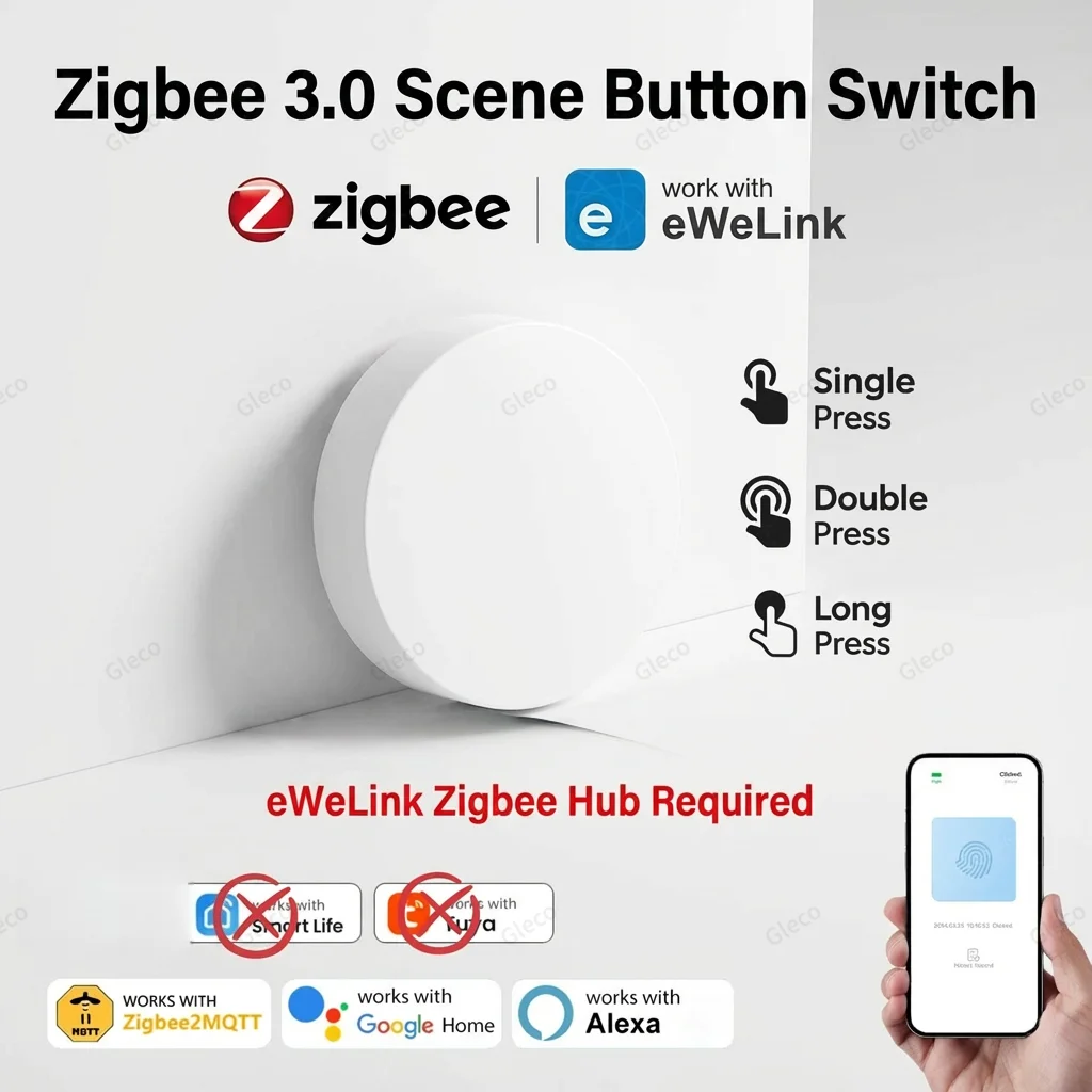 Zigbee-Tastenschalter für Szenensteuerung, Kabelloser Fernbedienungs-Smart-Home-Automatisierer, Ein-Tasten-Controller Kompatibel mit Ewelink, Alexa, Google, 2Mqtt Image