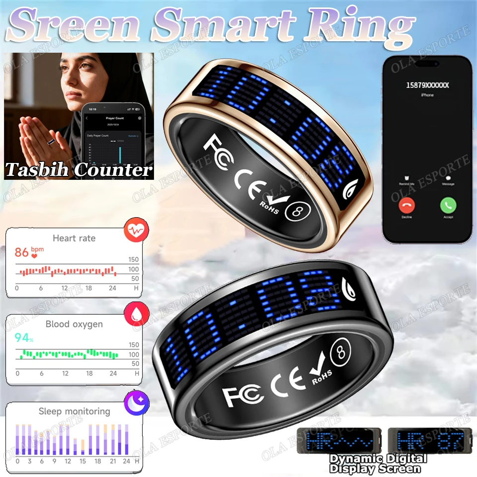 2026 Smart Ring Tasbih Zähler Dynamischer Bildschirm Herzfrequenz Blutsauerstoffmonitor 5 ATM Wasserdicht Multi-Sportmodi Geschenke Image