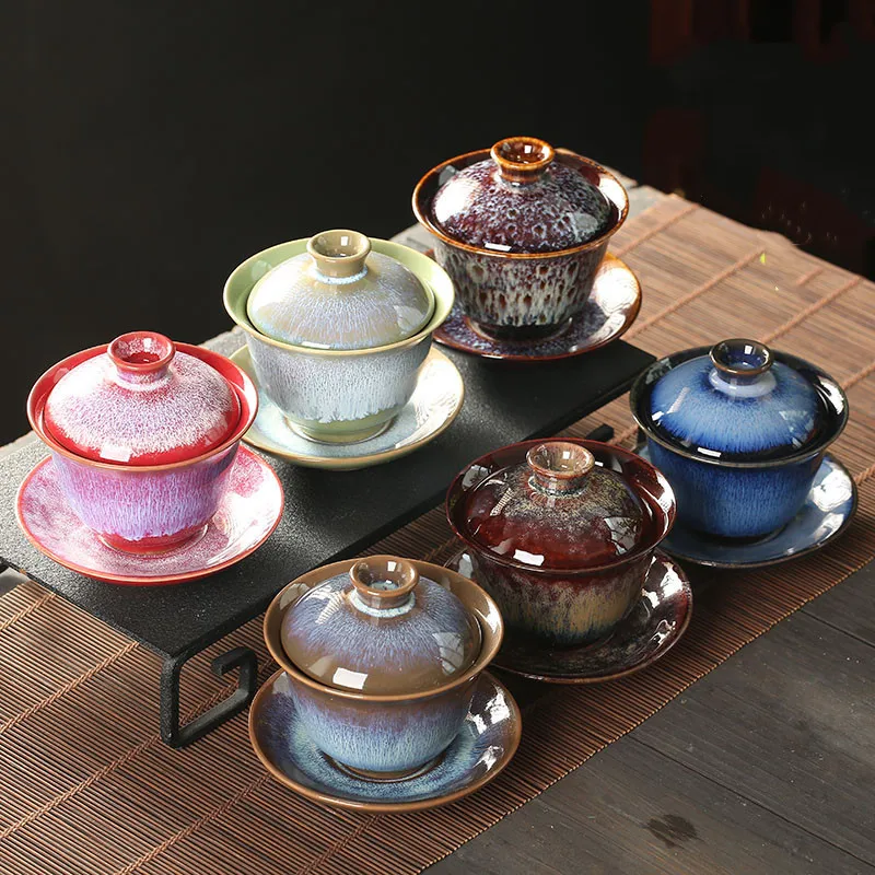 Vintage Keramik Gaiwan Kungfu Teetassen Teeschale mit Deckel Haushalt Küche Teegeschirr Zeremonie Zubehör Tragbares Teeset Image