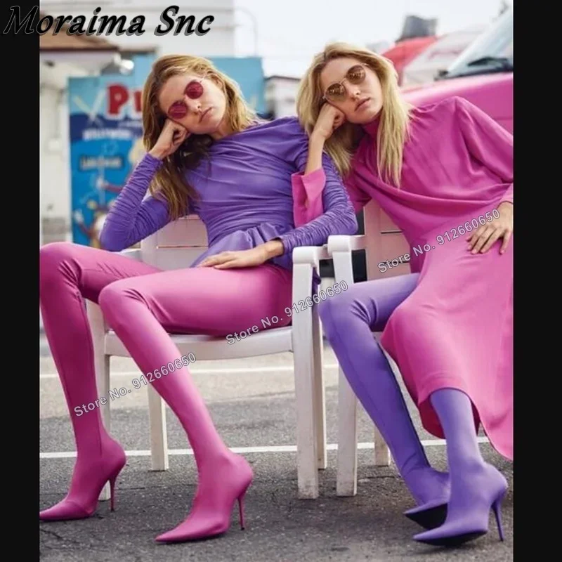 Moraima Snc Pantaloni Stivali Stivali alti alla coscia solidi per le donne Tacchi a spillo Tacco alto Stivali sopra il ginocchio Scarpe su tacchi Zapatillas Mujer