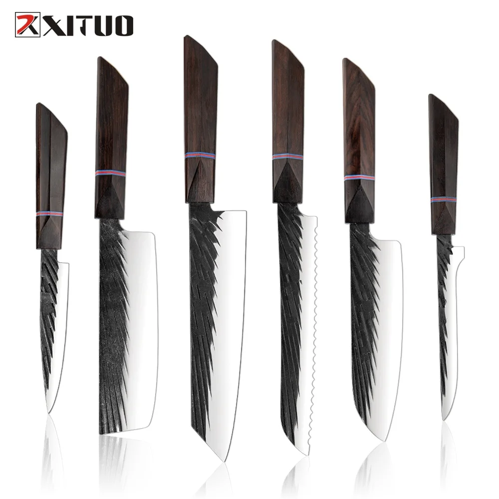 Pro 1–6-teiliges Küchenmesser-Set, geschmiedetes Kochmesser aus Kohlenstoffstahl, ultrascharfes Messerset für Koch, Kochen, Schälen, Schneiden, Schneiden Image