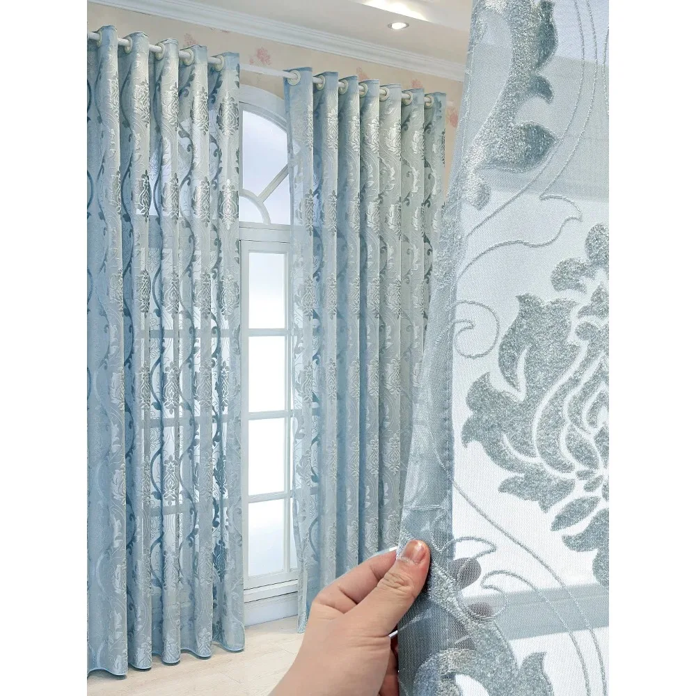 Europäischer blauer Samt-Geometrie-Tüll für Schlafzimmer, Jacquard-Fenstergittervorhänge für Wohnzimmer, transparente Gaze-Vorhänge Image