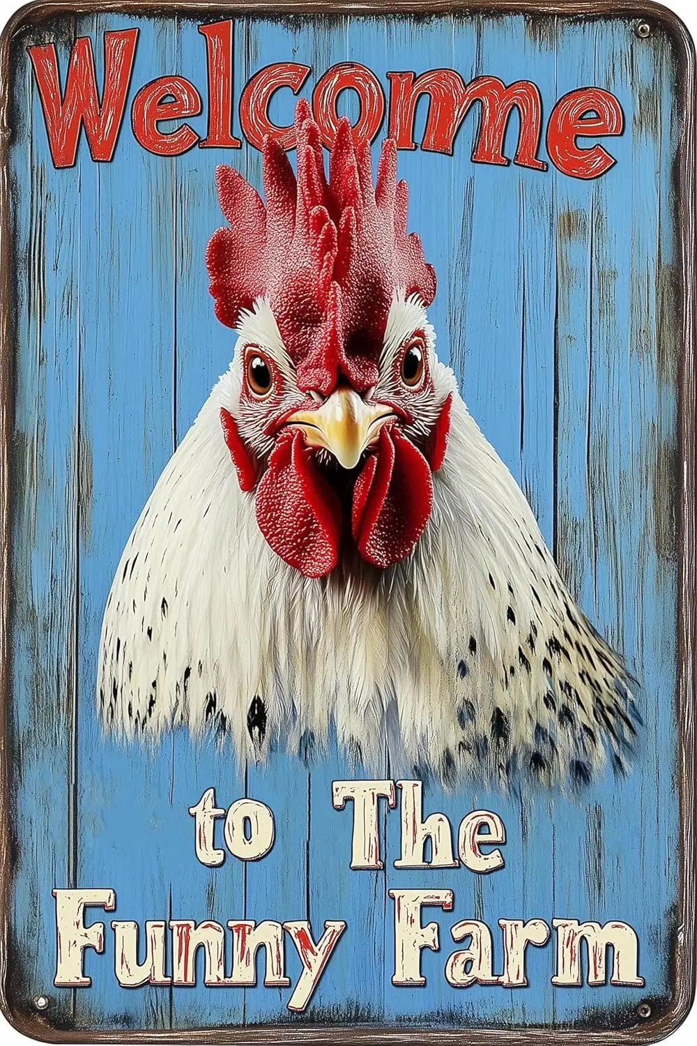 1c, Chicken Coop Vintage-Metallblechschilder „Welcome to the Funny Farm“-Schild, Wanddekoration, Plakette für Zuhause, Hof, Bauernhof, Garten, Zaun im Freien Image