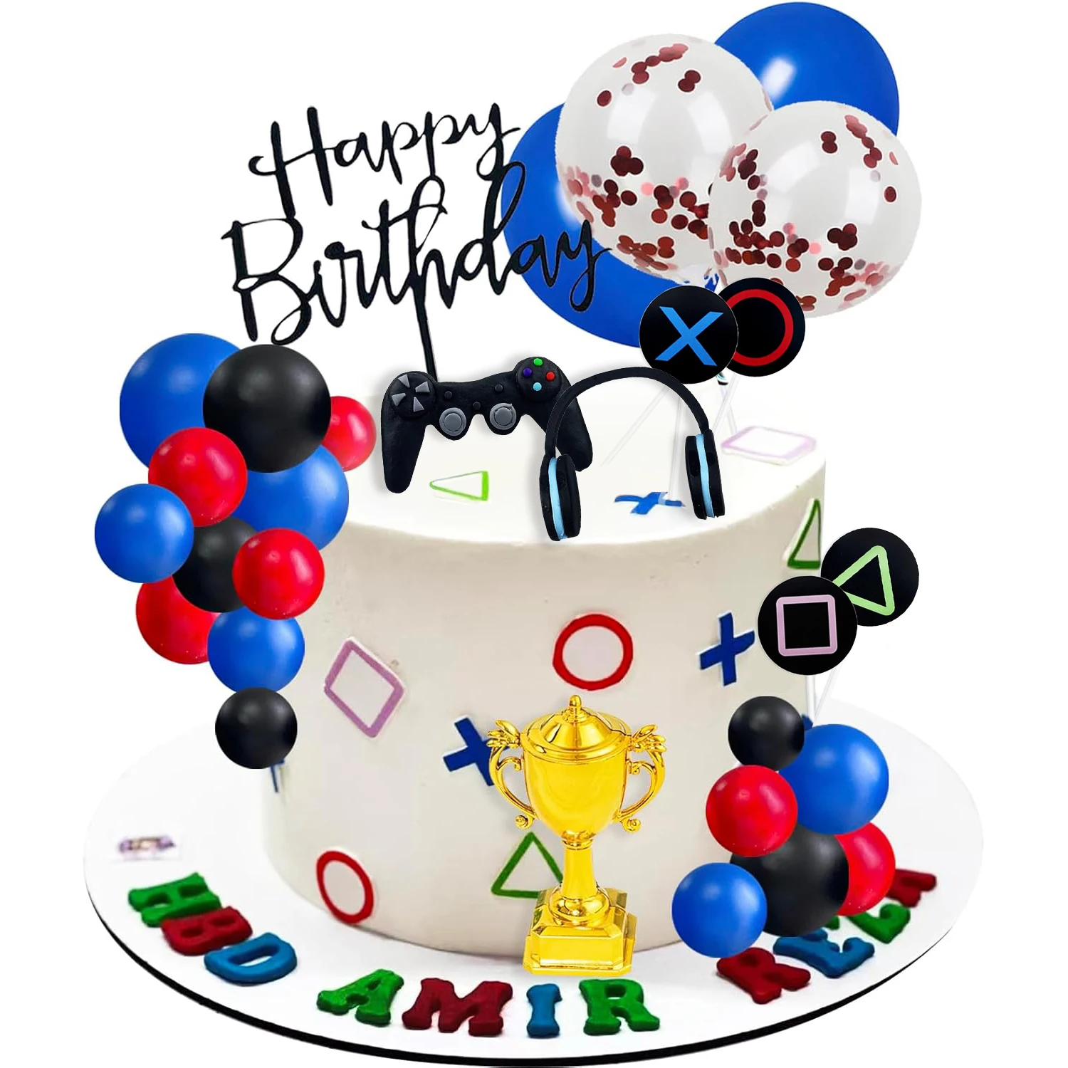 34pcs Video Game Cake Topper Headset Game Console Controller Cake Topper with Balls Trophy Balloons for Game Themed Party