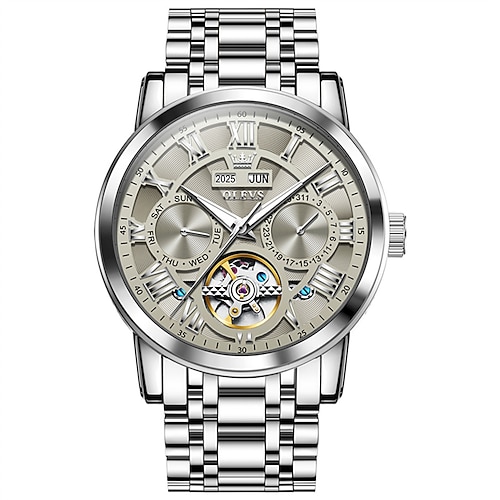 Neue Herren-Businessuhr der Marke Olevs mit Leuchtzeigern, ewigem Kalender, Datums- und Wochentagsanzeige. Die vollmechanische Uhr mit hohlem Rotor ist wasserdicht und eignet sich für den Alltag und Image