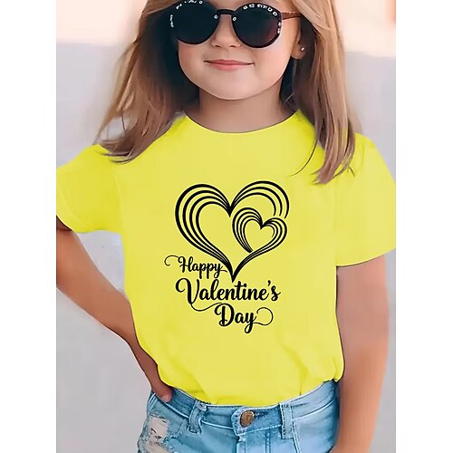 Valentinstag Mädchen 3D Herz Grafik T-Shirt Kurzarm 3D-Druck Sommer Frühling Sport Mode Streetwear Kinder 4-12 Jahre Rundhalsausschnitt Lässig Täglich Outdoor Normale Passform Image