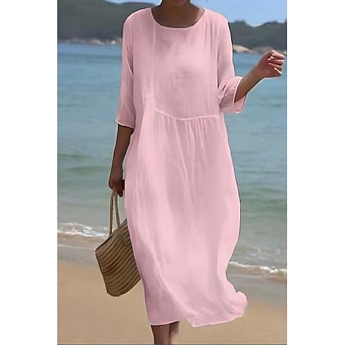 Damen Midikleid 100% Baumwolle Shiftkleid Kaftan Kleid Freizeitkleid Mode Basic Klassisch Täglich Strand Wochenende Normale Passform Einfach Halbarm Rundhalsausschnitt Weiß Rosa Leicht Blau Sommer Image