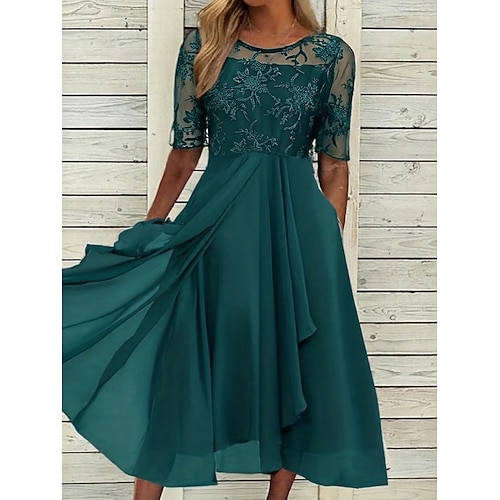 Damen Midikleid Spitzenkleid Cocktailkleid Kleid für Hochzeitsgäste Chiffonkleid Elegant Formell Party Hochzeit Normale Passform Halbarm Rundhalsausschnitt Blau Rosa Wein Dunkelgrün Sommer Image