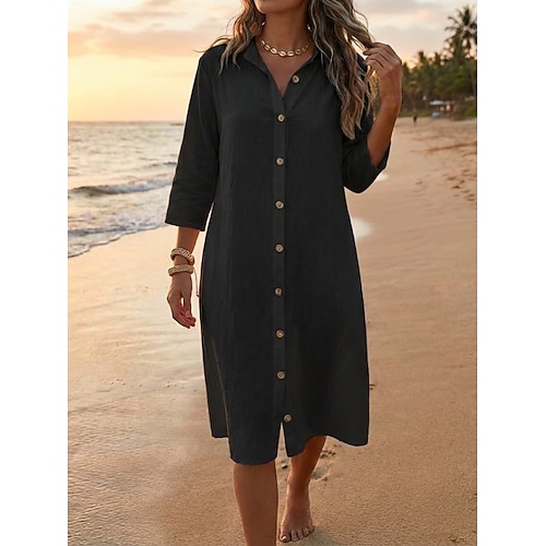 Damen Knielanges Kleid Kunstbaumwollleinen Hemdblusenkleid Mode Modern Täglich Outdoor Urlaub Normale Passform Einfach Halbarm Hemdkragen Schwarz Weiß Grün Sommer Frühling Image