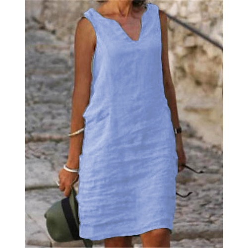 Damen Midikleid Shiftkleid Sommerkleid Baumwoll-Leinen-Kleider Freizeitkleid Basic Lässig Täglich Urlaub Ausgehen Normale Passform Einfarbig Ärmellos V-Ausschnitt Blau Gelb Rosa Grün Sommer Frühling Image