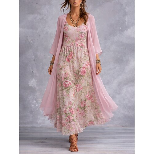 Damen Kleid-Set A Linie Kleid Urlaub Boho Blumen Grafik Geschichtet Druck Maxikleid Dreiviertelarm V Ausschnitt Strand Blau Rosa Purpur Sommer Frühling Normale Passform Image
