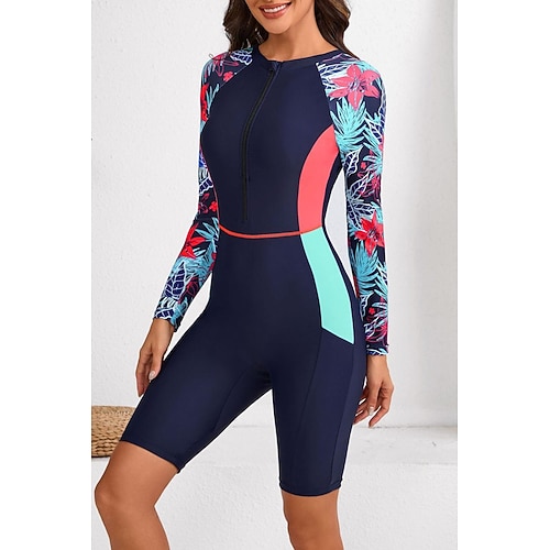 Damen Anti UV Shirt Badeanzug Badeanzüge Patchwork Tropisch Reißverschluss Knielanges Bein UV Schutz Schnelltrocknend Hohe Elastizität Langarm Bademode Badeanzug Surfen Schnorcheln Schwimmen Sommer Image