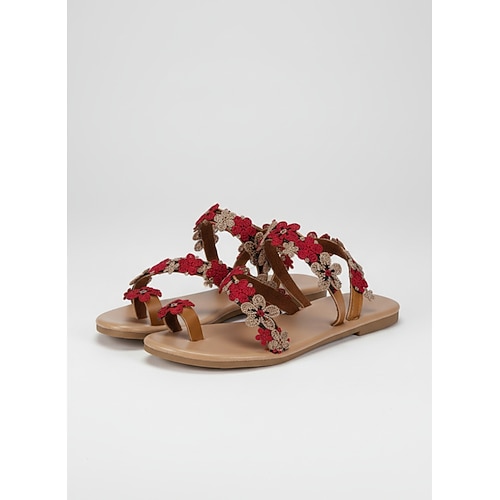 Rote Boho-Sandalen mit Blumenmuster für Damen – flache Gladiatorensandalen mit Wickelverschluss und goldenen Blumenapplikationen für den Sommerurlaub Parteien Image