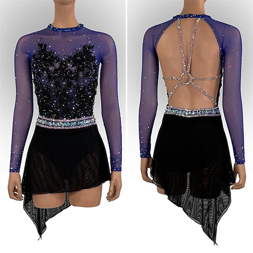 Eiskunstlaufkleid Damen Eislaufen Kleid Marineblau Patchwork Asymmetrischer Saum Dehnbar Training Wettbewerb Eiskunstlaufkleidung Klassisch Kristall / Strass Langarm Eislaufen Eiskundstlauf Image
