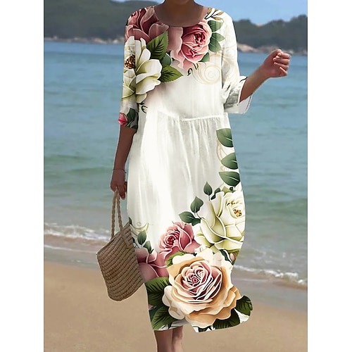 Damen Maxikleid Leinenähnliches Sommerkleid Shift Kleid Urlaub Freizeit Strand Ausgehen Lockere Passform Floral Grafik Blatt 3/4 Länge Ärmel Rundhalsausschnitt Blau Weiß Grün Sommer Frühling Herbst Image