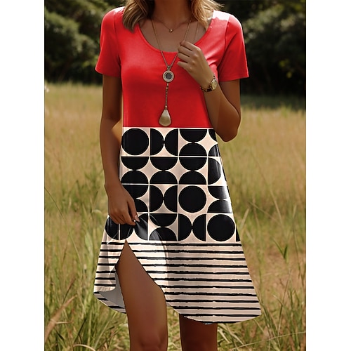 Damen Minikleid T-Shirt-Kleid A Linie Kleid Sommerkleid Lässig Täglich Normale Passform Grafik Geometrisch Kurzarm Rundhalsausschnitt Rote Sommer Frühling Image
