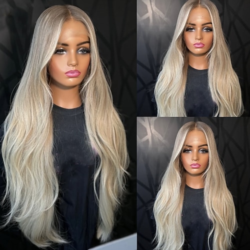 Brasilianische Ombré-Echthaarperücke in Aschblond, unbehandelt, 5x5 Lace Closure, 13x4 Lace Front Perücke mit Babyhaaren und natürlichem Haaransatz für Damen Image
