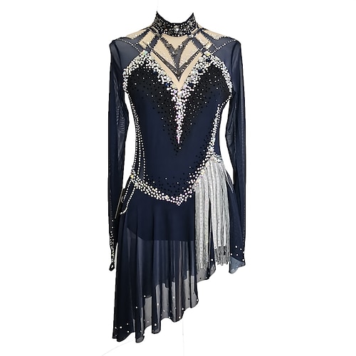 Eiskunstlaufkleid Damen Eislaufen Kleid Schwarz Patchwork Offener Rücken Dehnbar Training Wettbewerb Eiskunstlaufkleidung Klassisch Kristall / Strass Langarm Eislaufen Eiskundstlauf Image