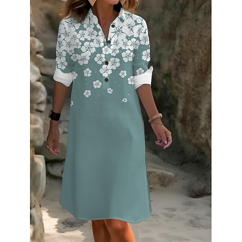 Damen Midikleid Kunstbaumwollleinen Hemdblusenkleid Freizeitkleid Mode Alltagstauglich Modern Täglich Outdoor Urlaub Lässiger Schnitt Blumen Langarm Hemdkragen Blau Weiß Marineblau Königliches Blau Image