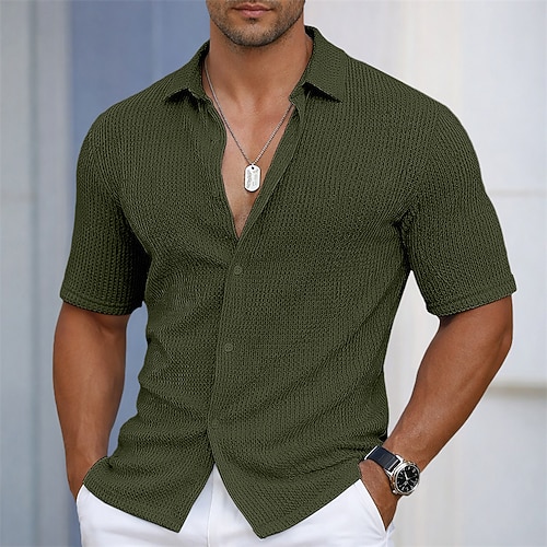 Herren Hemd Textur Freizeithemd Knopfhemd Schwarz Weiß Hellgrün Kaki Armeegrün Kurzarm Einfach Hemdkragen Lässig Täglich Ausgehöhlt Bekleidung Elegant Mode Lässig Image